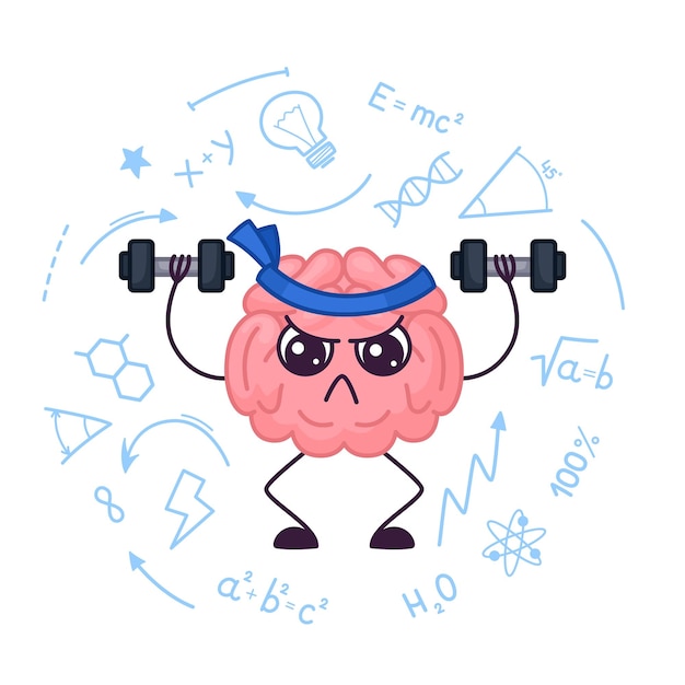 Forte allenamento del cervello conoscenza potere pratica cartone animato organo interno facendo esercizio sportivo divertente mente umana palestra intelligente vistosa salute mentale vettoriale