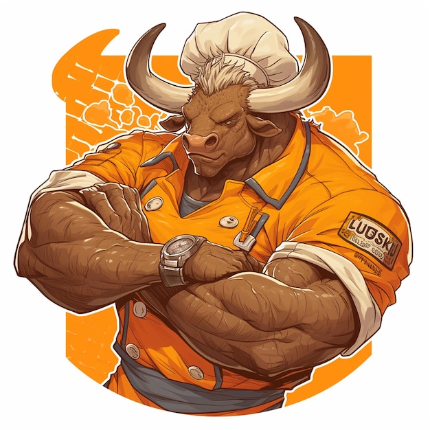 A strong bull chef cartoon style