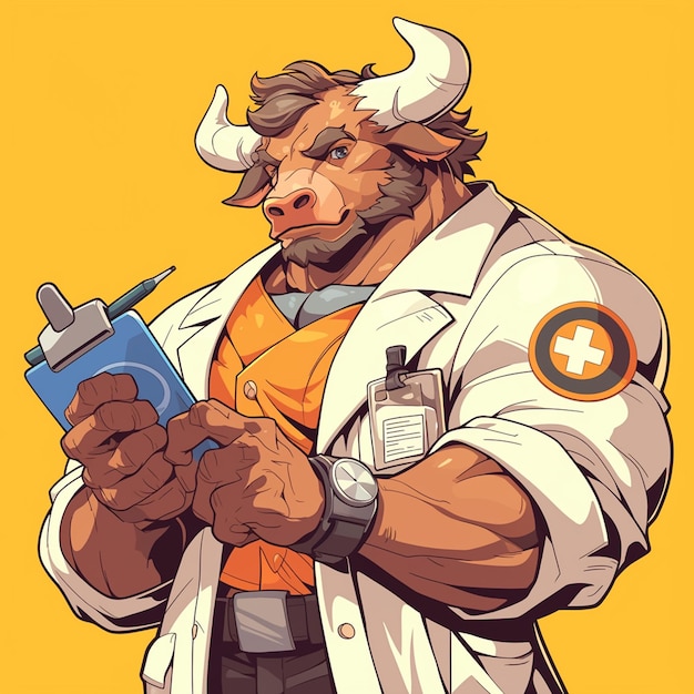 A strong bull doctor cartoon style