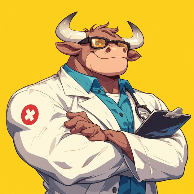A strong bull doctor cartoon style