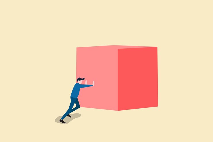 Vector strong businessman vector concept symbol of strength courage power businessman pushing a big cube