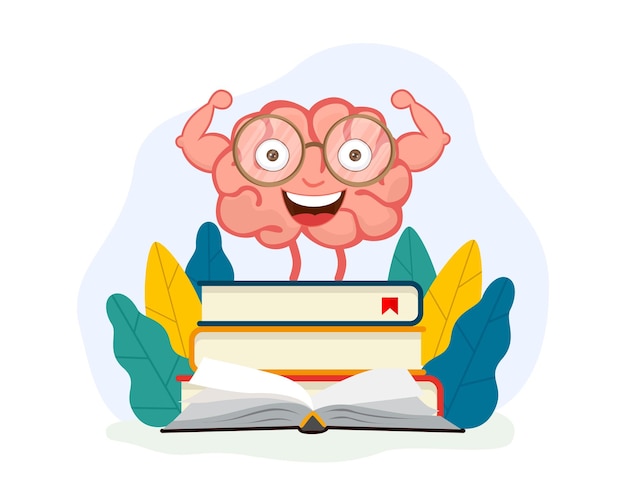 Vector strong cartoon brain standing on books. education concept. vector illustration flat design.