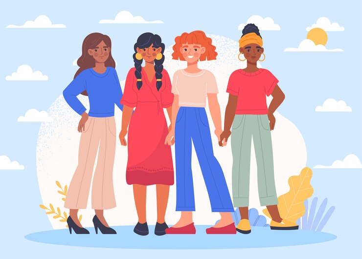 Vector strong entrepreneurial females concept group of beautiful happy girls holding hands women collective