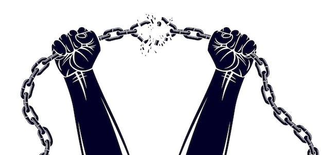 Сильная рука, сжатый кулак, борется за свободу против иллюстрации темы цепного рабства, векторного логотипа или татуировки, освобождения, борьбы за свободу.