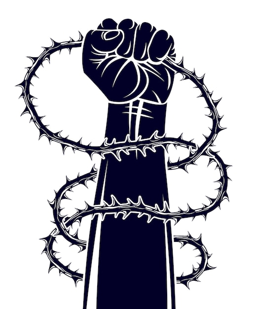 Strong hand clenched fist fighting for freedom against blackthorn thorn slavery theme illustration, vector logo or tattoo, through the thorns to the stars concept.