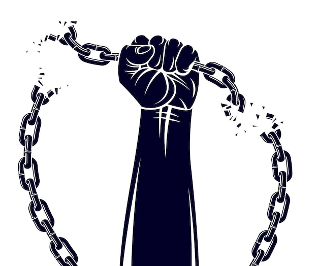 Strong hand clenched fist fighting for freedom against chain slavery theme illustration, vector logo or tattoo, getting free, struggle for liberty.