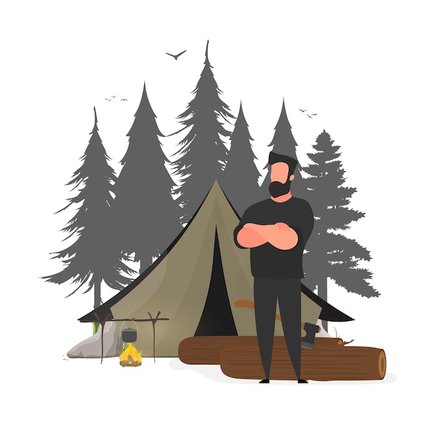 Strong lumberjack. The guy folded his arms over his chest. Large logs and an ax. Isolated. Vector.