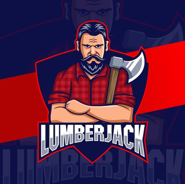 Strong lumberjack man character mascot logo designs with axe for man and game logo design