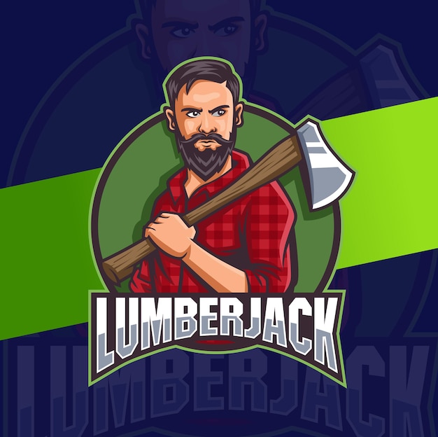 Vector strong lumberjack man character mascot logo designs with axe for man and game logo design