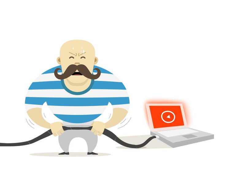 Vector strong man with modern laptop. vector illustration