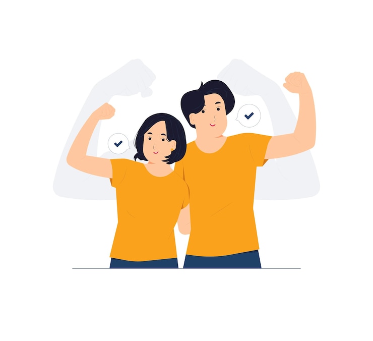 Vector strong powerful sporty fitness couple two friends man woman raises arms showing biceps look at my muscles inner strength concept illustration