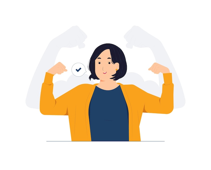 Vector strong powerful woman raises arms and shows biceps has piercing in ear look at my muscles inner strength concept illustration