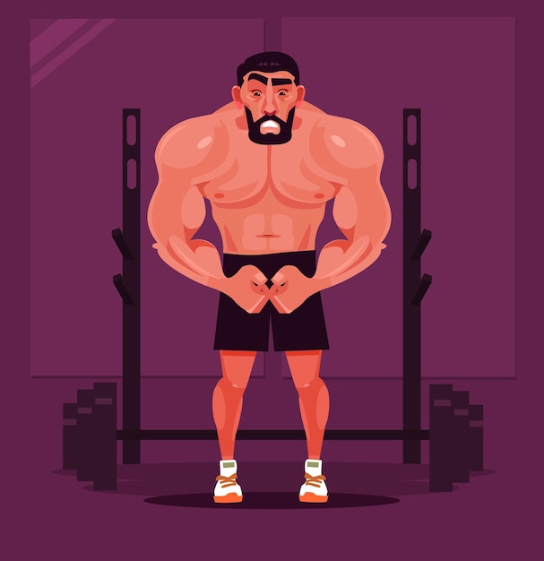 Strong sport man bodybuilder character posing cartoon illustration