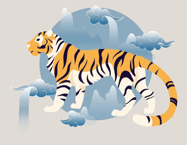 Сильный знак тигра по китайскому календарю Тигр с восточными облаками и горами с водопадами