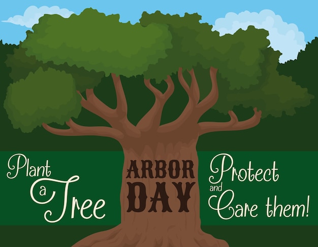 Strong tree with huge trunk in a landscape with precepts for arbor day and some precepts