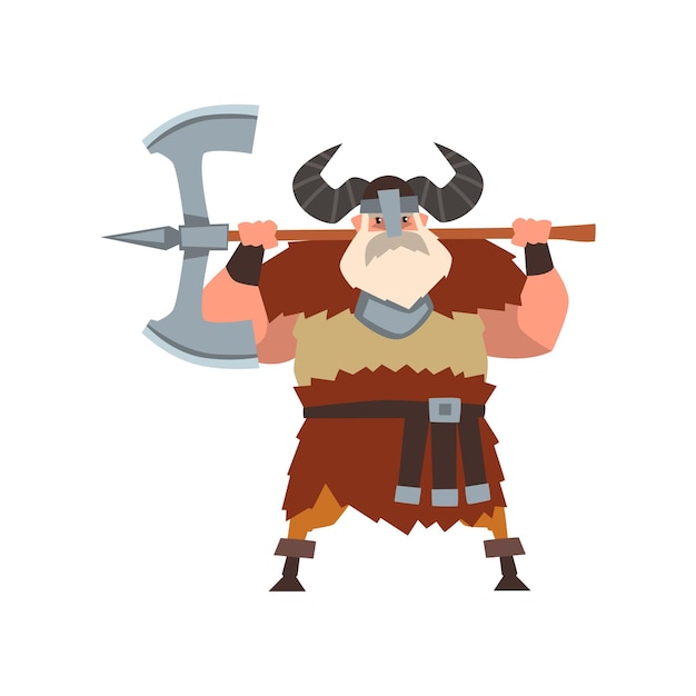 Strong viking warrior character with double edged axe in helmet with horns vector Illustration isolated on a white background