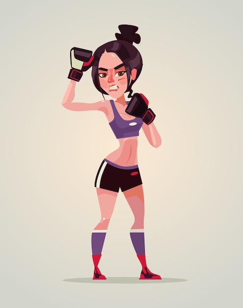 Strong woman boxer character.  flat cartoon illustration