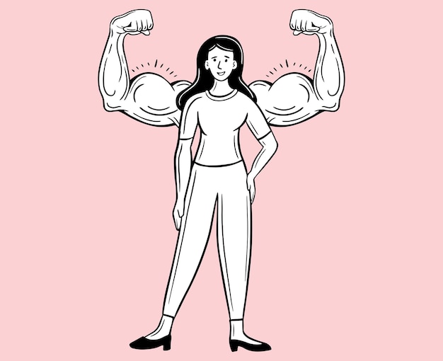 Vector strong woman fearless girl with strong muscle arm around hand drawn vector