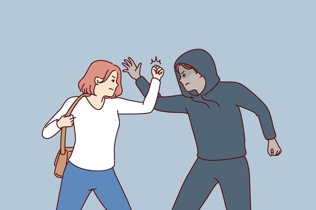 Strong woman fights back against thief by showing selfdefense techniques to offender man