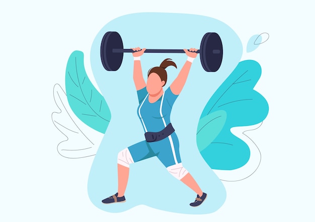 Vector strong woman lifting barbell flat color   faceless character