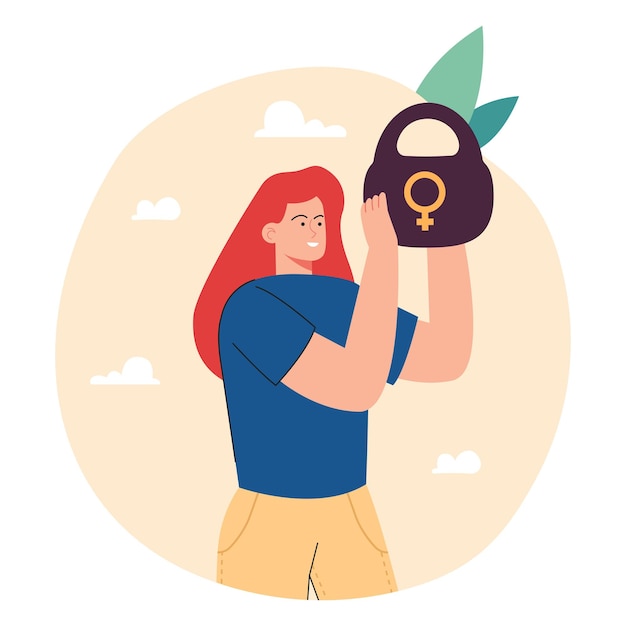 Strong woman lifting kettlebell with female symbol