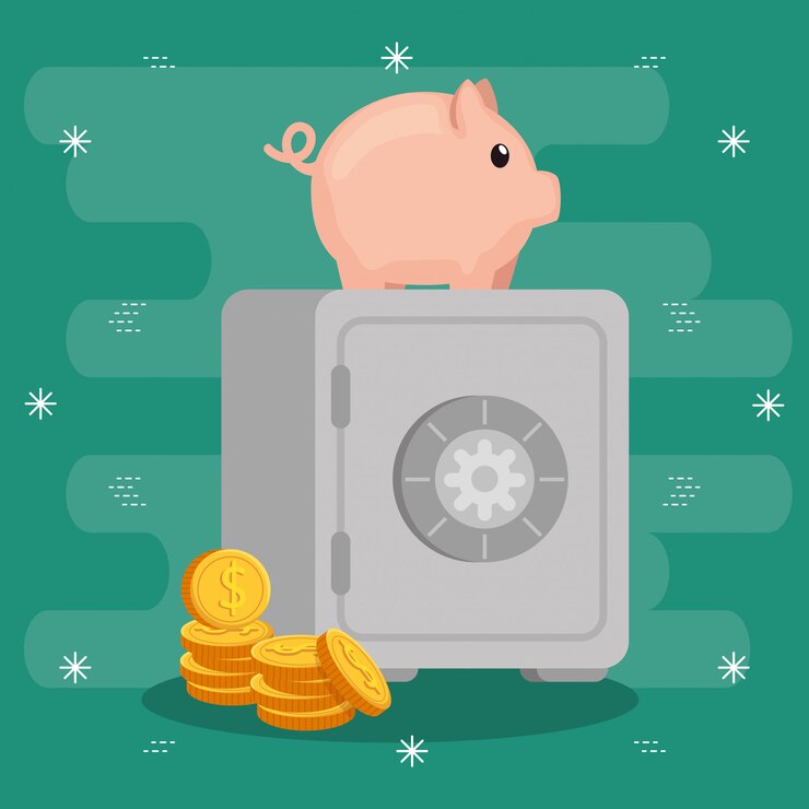 Vector strongbox with piggy bank and coins 