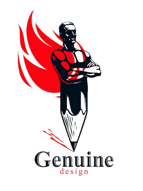 Сильный мускулистый мужчина в сочетании с карандашом и огненным пламенем в символ, сильную концепцию дизайна, аллегорию творческой силы, векторный идеальный логотип или икону в классическом стиле.