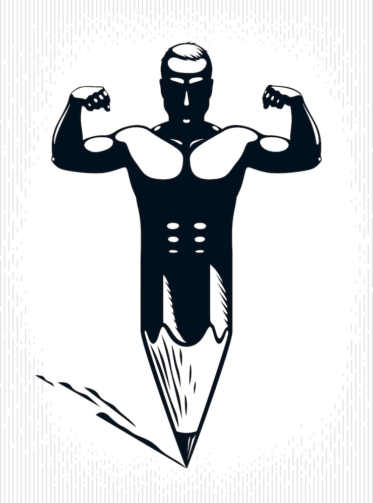 Vector strongman-spierman gecombineerd met potlood in een symbool, sterk ontwerpconcept, creatieve krachtallegorie, vector perfect klassiek stijllogo of pictogram.