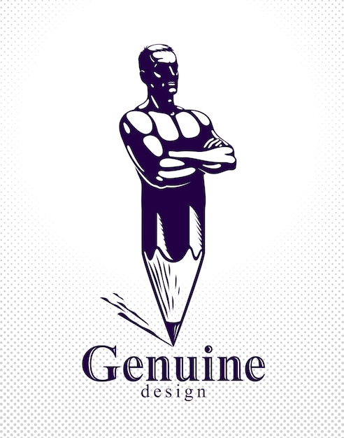 Strongman-spierman gecombineerd met potlood in een symbool, sterk ontwerpconcept, creatieve krachtallegorie, vector perfect klassiek stijllogo of pictogram.