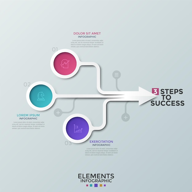 Stroomdiagram, kleurrijke ronde elementen met lineaire pictogrammen binnen verbonden in pijl, tekstvakken. concept van 3 kenmerken van zakelijke vooruitgang. creatieve infographic ontwerpsjabloon. vector illustratie.