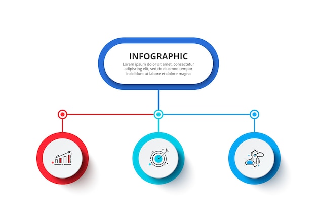 Stroomschema met abstract hoofdelement en 3 cirkels. moderne infographic ontwerpsjabloon.