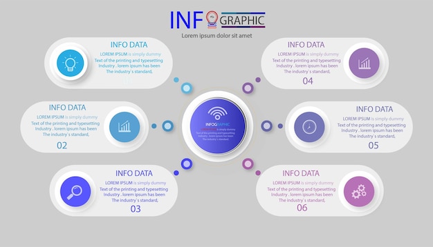 Stroomschemadiagram met cirkelelementen infographic ontwerpsjabloon 6 optie