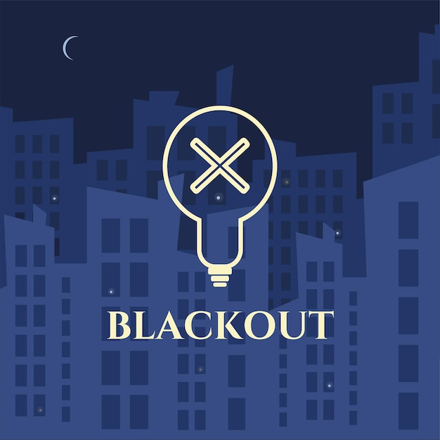 Stroomuitval. Stadsgezicht met maan en wolkenkrabber bouwen silhouetten zonder elektriciteit. Black Out