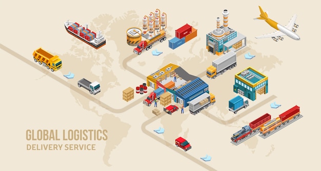 ベクトル 世界地図上の宅配サービスの構造