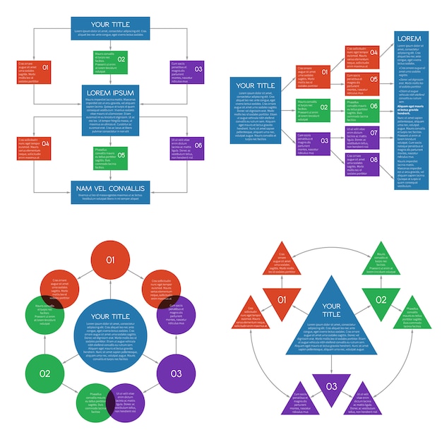 Structured flowing charts, flowchart diagrams vector set