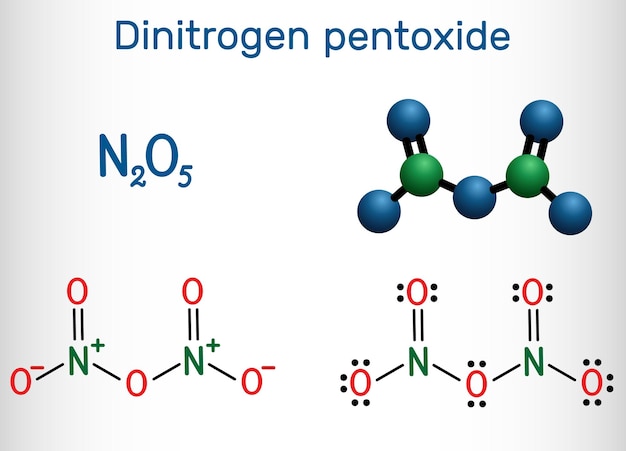 Structurele chemische formule en molecuulmodel van nitrogeenpentoxide N2O5-molecuul