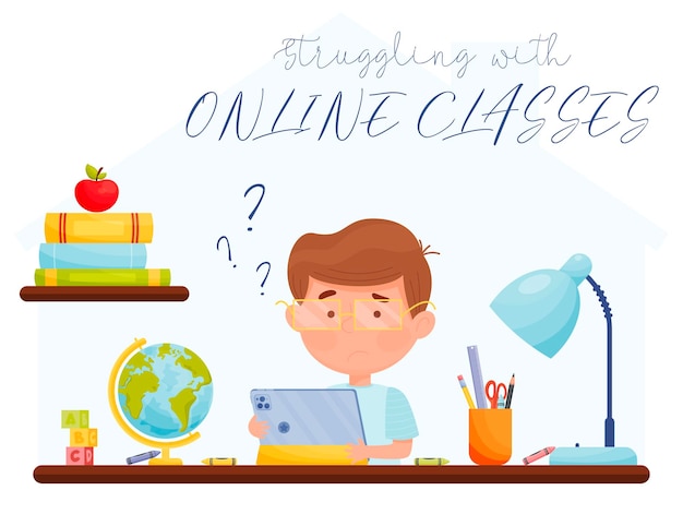 Vector struggling with online classes confused boy during online classes remote learning concept vector illustration