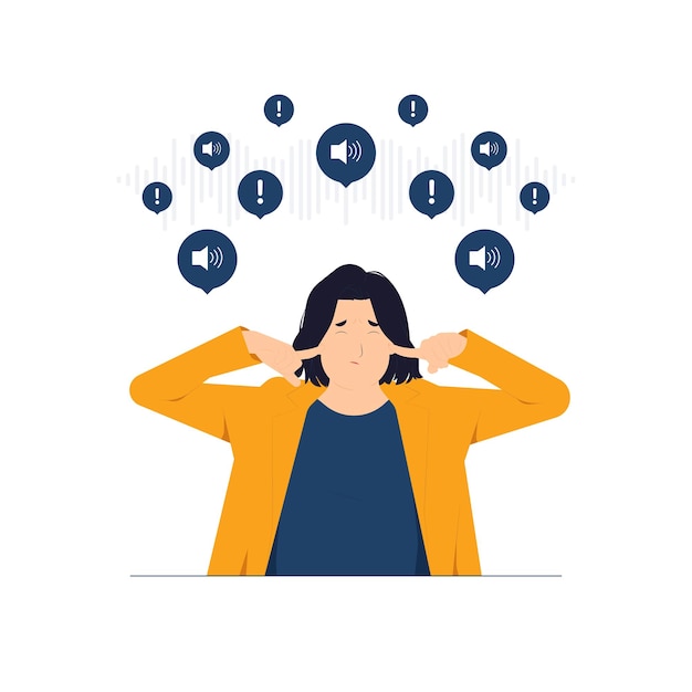 Vector stubborn annoyed woman sticking plug fingers in ears not listening to loud noise sound frustrated depressed noisy stressful concept illustration