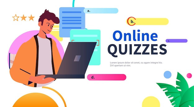 Studente sceglie la risposta corretta in un test online quiz e-learning concetto di istruzione a distanza spazio di copia orizzontale