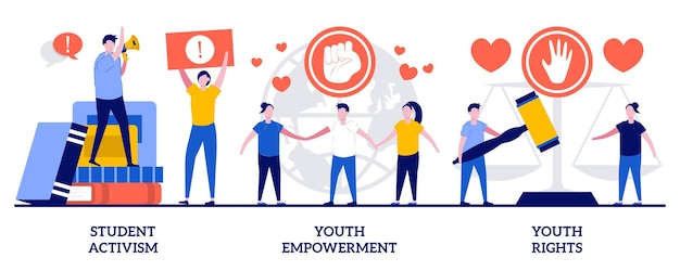 Student activism, youth empowerment, youth rights concept with tiny people. social movement abstract vector illustration set. age of majority, democracy building, take action abstract metaphor.