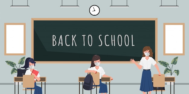 Student back to school with new normal concept. classroom blackboard background.