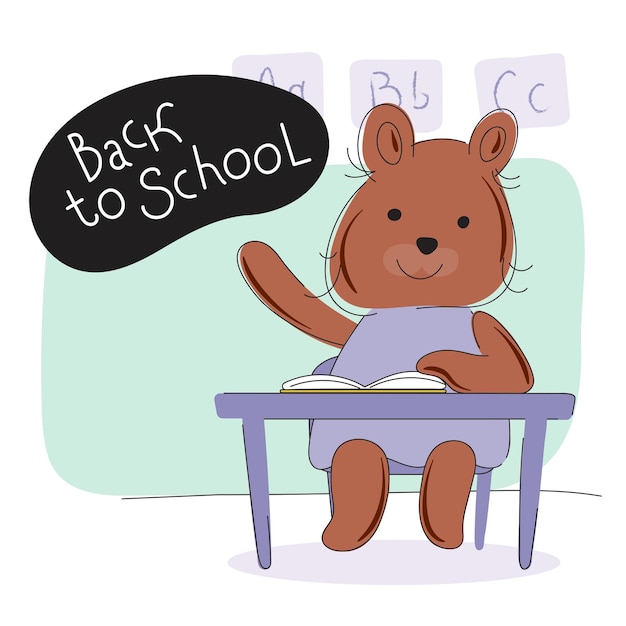 Student bear sits at a desk and raises his hand