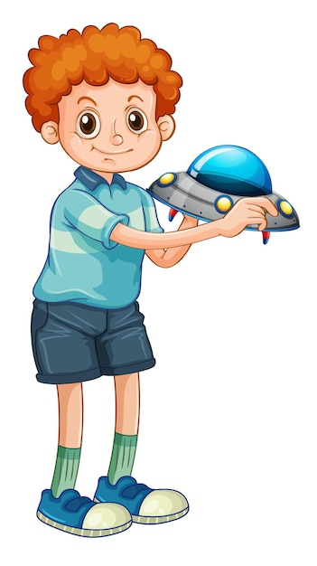 Student boy cartoon character holding a ufo model