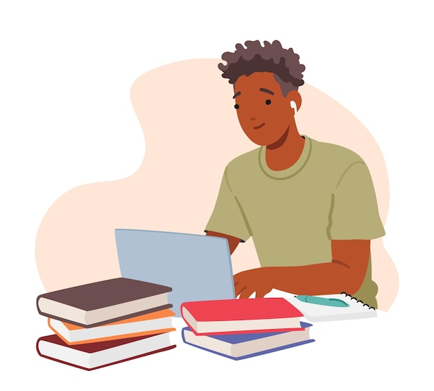 Vector student boy character seated at desk with laptop papers and textbooks or another academic educational materials