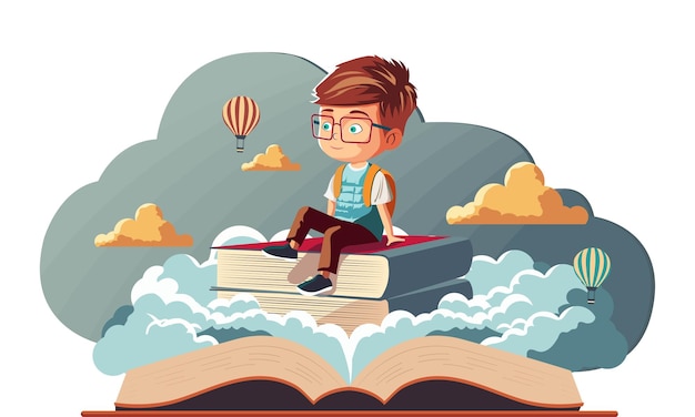 Student boy character sitting on book stack with hot air balloons on clouds background