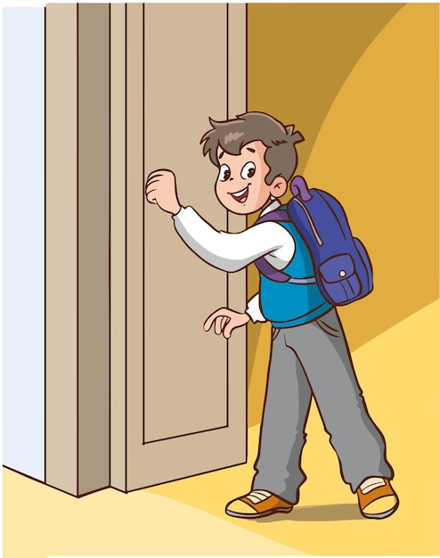 student boy knocking on classroom door cartoon vector