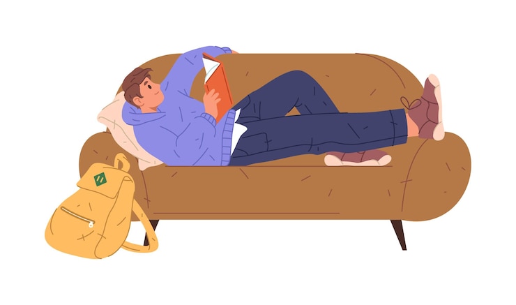 Vector student boy reading book on sofa