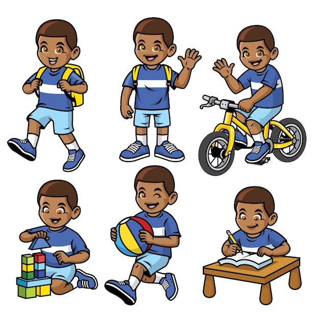 Student boy set in various poses and activities