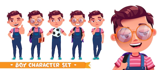 Vector student boy vector character set male school characters collection with eyeglasses backpack