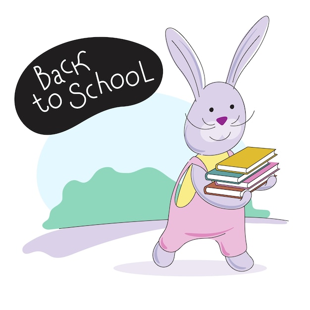 Vector student bunny go to home from school with stack of books